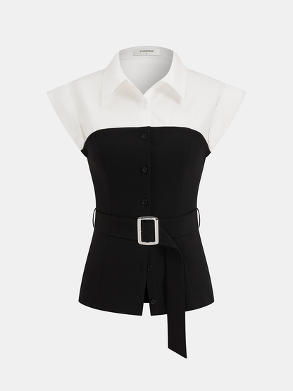 Collared Color Block Sleeveless Belted Blouse