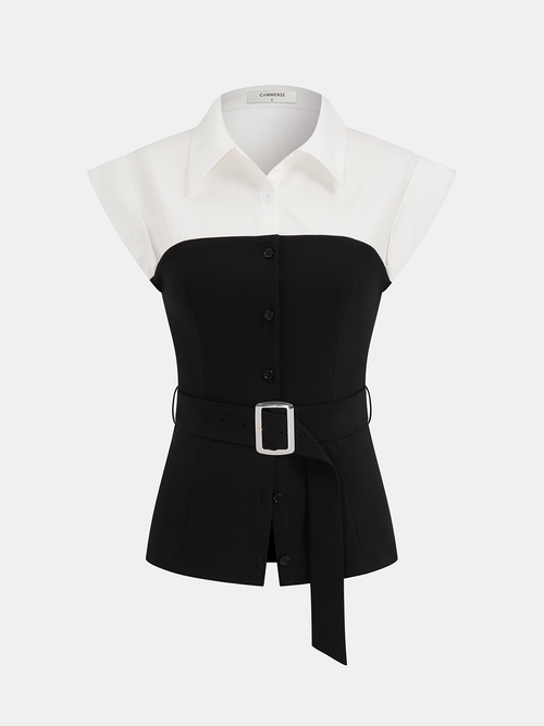 Collared Color Block Sleeveless Belted Blouse