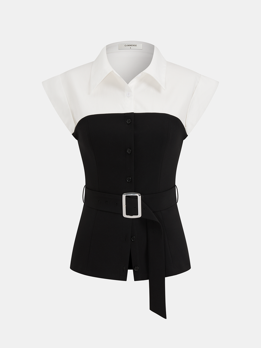 Collared Color Block Sleeveless Belted Blouse