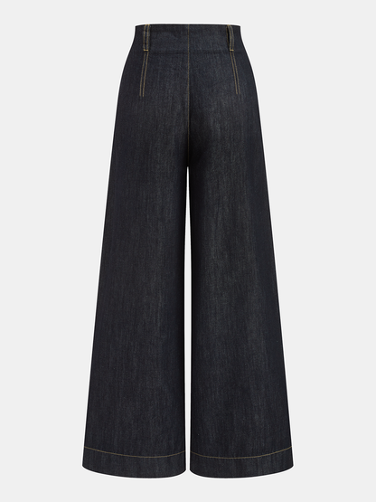 Contrast Stitch High-Waisted Wide-Leg Jeans
