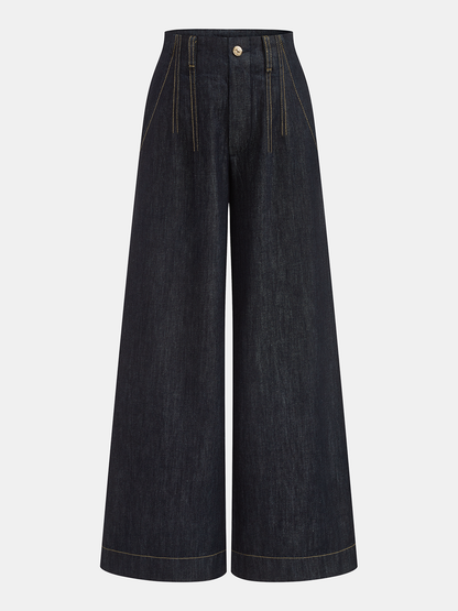 Contrast Stitch High-Waisted Wide-Leg Jeans