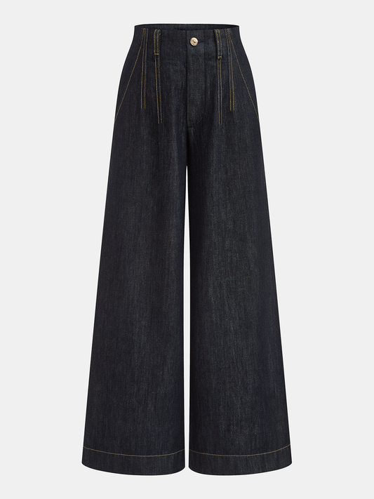Contrast Stitch High-Waisted Wide-Leg Jeans