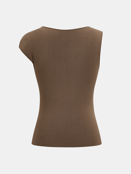 Metal Buckle Asymmetric Neckline Knit Top