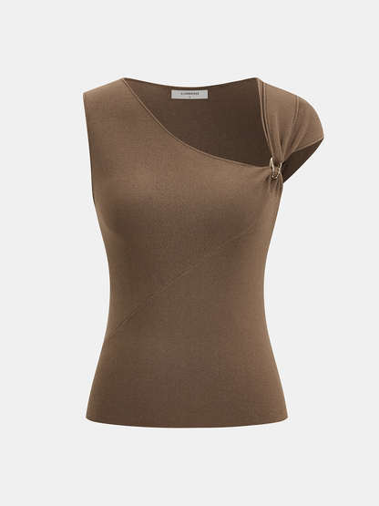 Metal Buckle Asymmetric Neckline Knit Top
