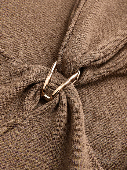 Metal Buckle Asymmetric Neckline Knit Top