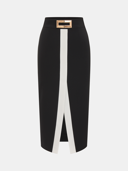 Color Block Metal Detail Midi Skirt
