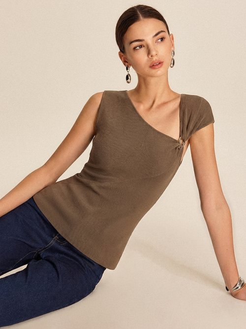 Metal Buckle Asymmetric Neckline Knit Top