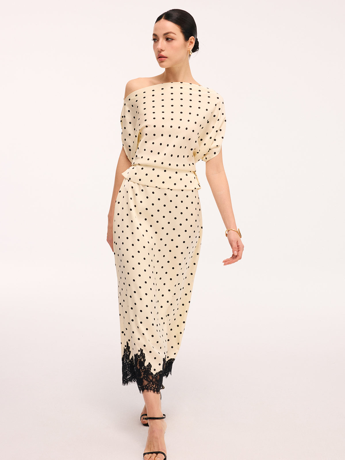 Polka Dot Top & Lace Trim Midi Skirt Set