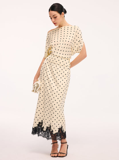 Polka Dot Top & Lace Trim Midi Skirt Set