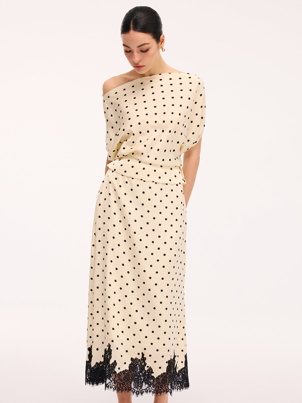 Polka Dot Top & Lace Trim Midi Skirt Set