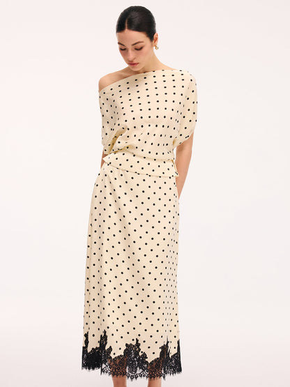 Polka Dot Top & Lace Trim Midi Skirt Set