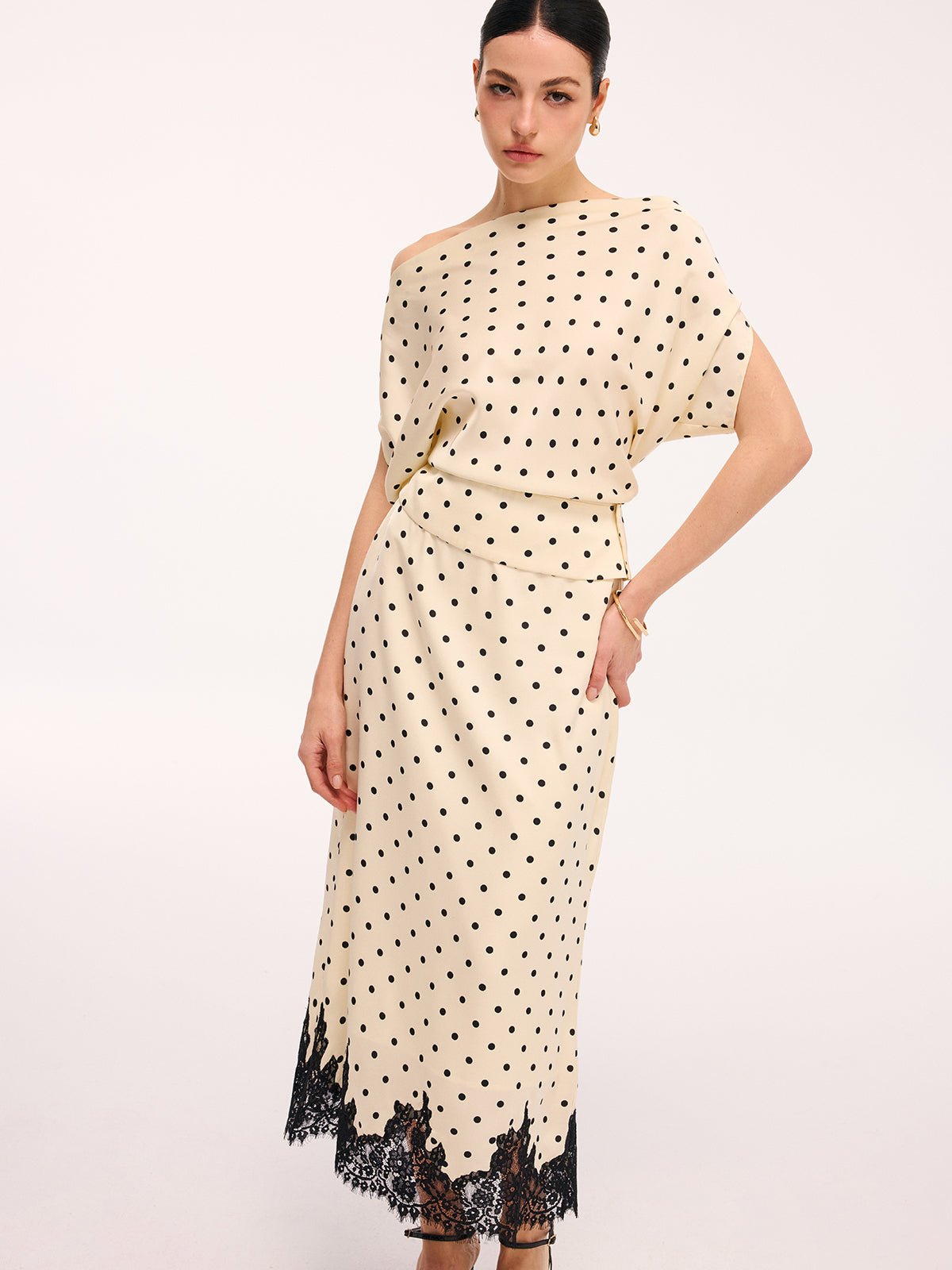 Polka Dot Top & Lace Trim Midi Skirt Set