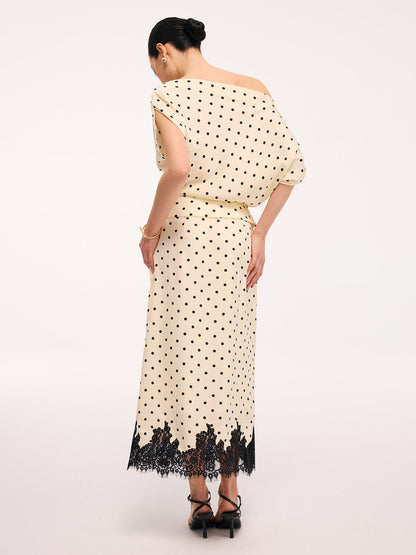Polka Dot Top & Lace Trim Midi Skirt Set