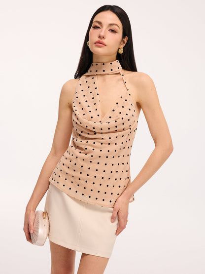 Polka Dot Halter Neck Draped Blouse