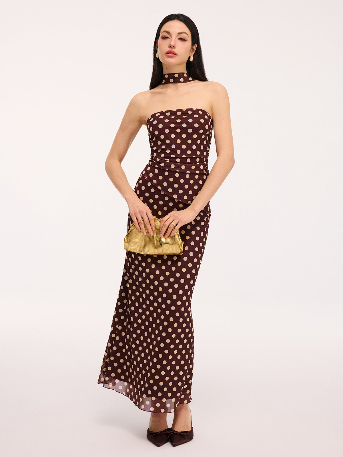 Polka Dot Ruched Scarf Top & Maxi Skirt Set