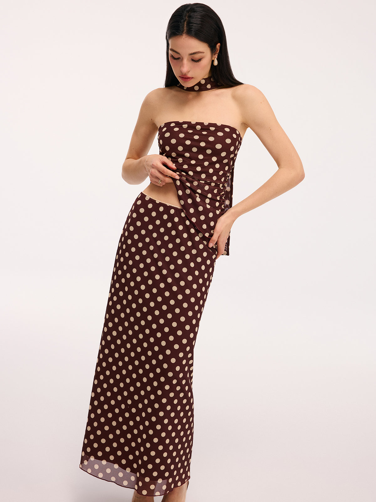 Polka Dot Ruched Scarf Top & Maxi Skirt Set
