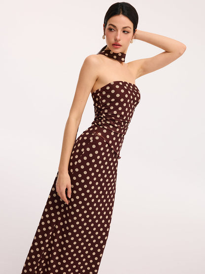 Polka Dot Ruched Scarf Top & Maxi Skirt Set