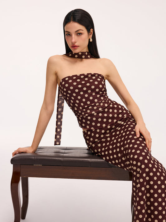 Polka Dot Ruched Scarf Top & Maxi Skirt Set