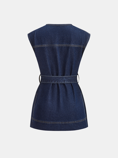 Belted Denim Sleeveless Vest & Shorts Set