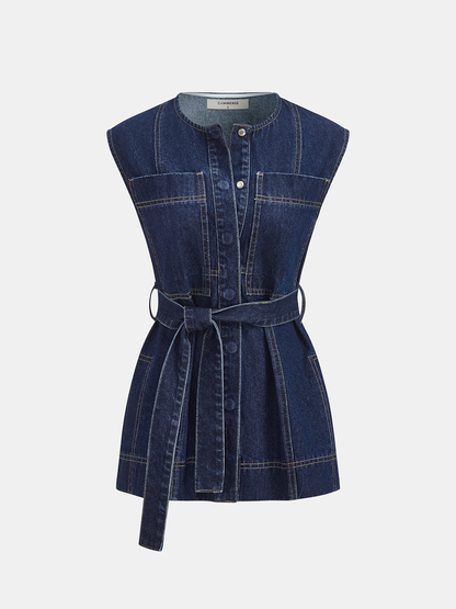 Belted Denim Sleeveless Vest & Shorts Set