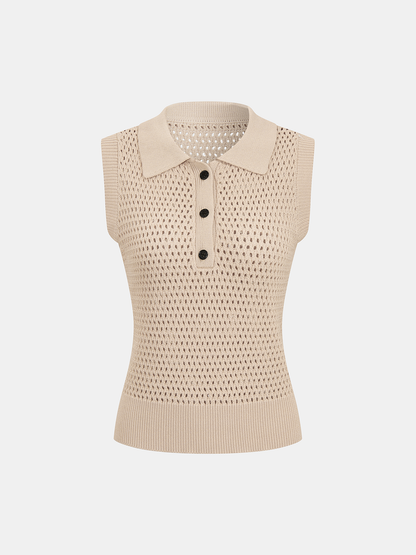Sleeveless Polo Open Knit Top