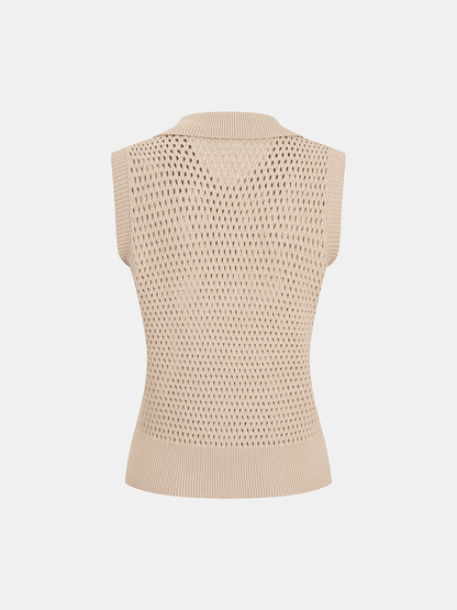 Sleeveless Polo Open Knit Top