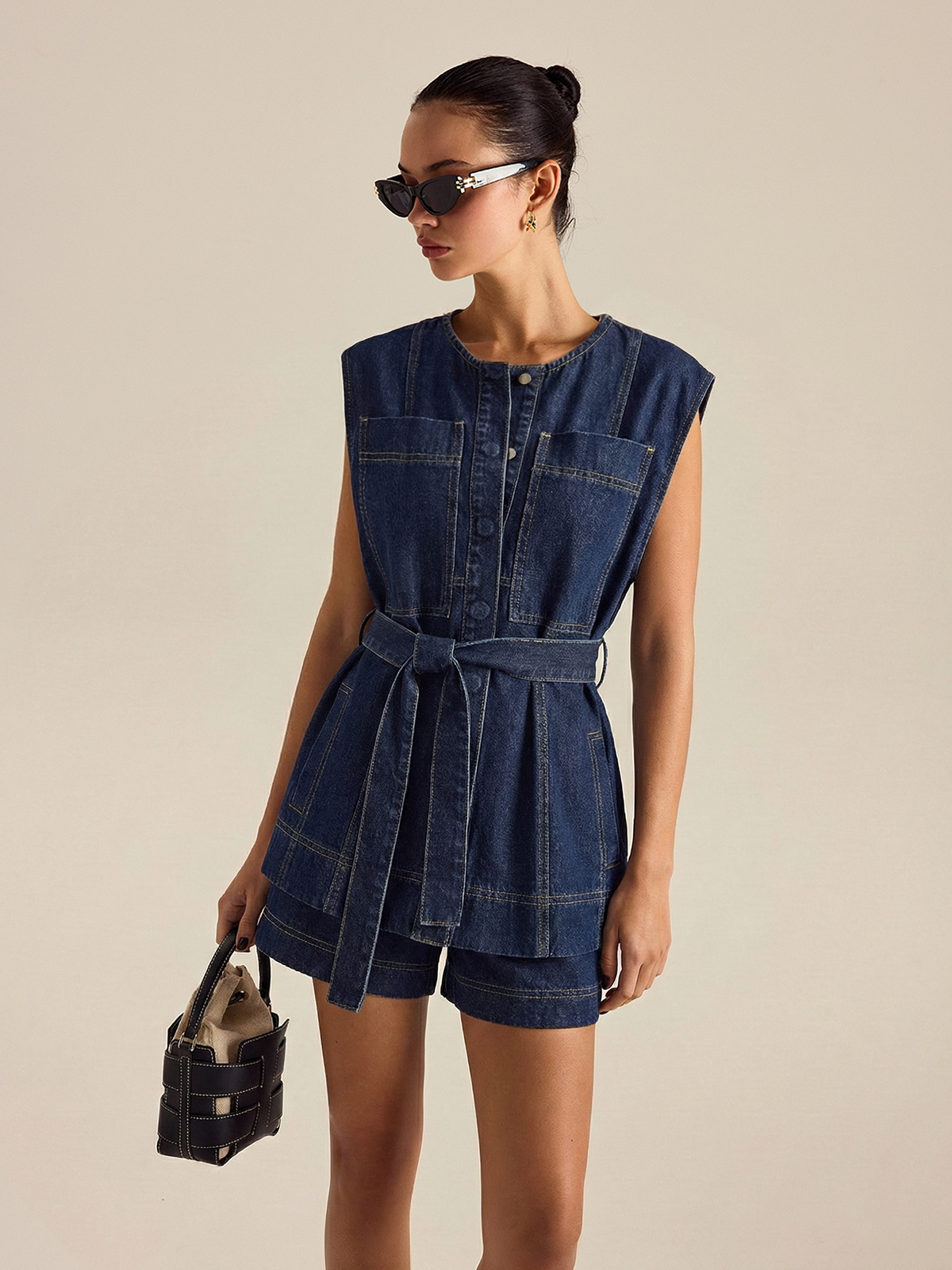 Belted Denim Sleeveless Vest & Shorts Set