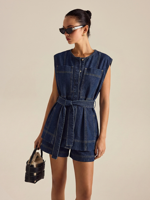 Belted Denim Sleeveless Vest & Shorts Set