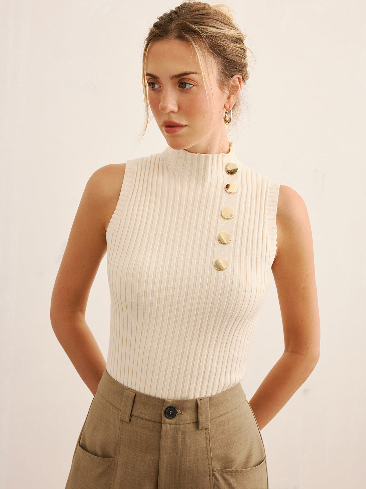 Metal Detail Ribbed Knit Mock Neck Tank Top