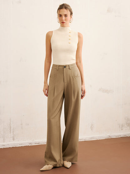 Metal Detail Ribbed Knit Mock Neck Tank Top