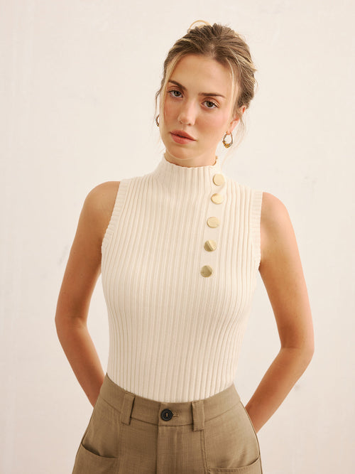 Metal Detail Ribbed Knit Mock Neck Tank Top