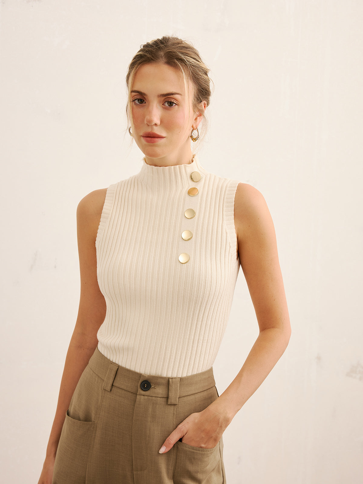 Metal Detail Ribbed Knit Mock Neck Tank Top