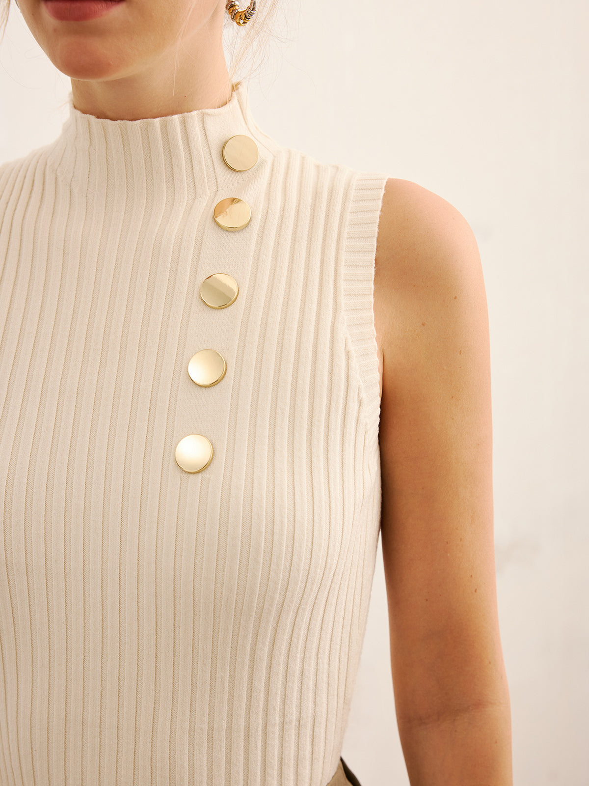 Metal Detail Ribbed Knit Mock Neck Tank Top