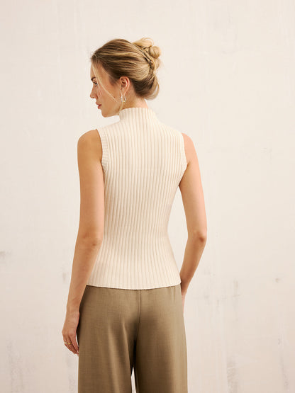 Metal Detail Ribbed Knit Mock Neck Tank Top