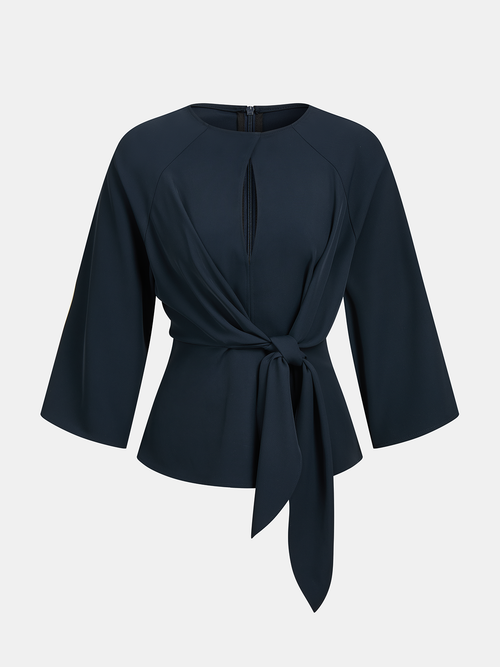 Keyhole Neck Tie Waist Blouse