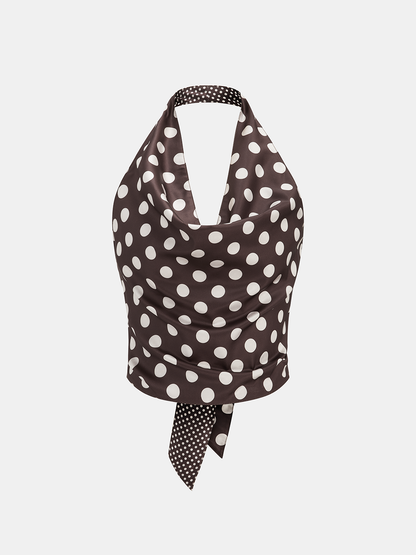 Polka Dot Backless Halter Satin Top