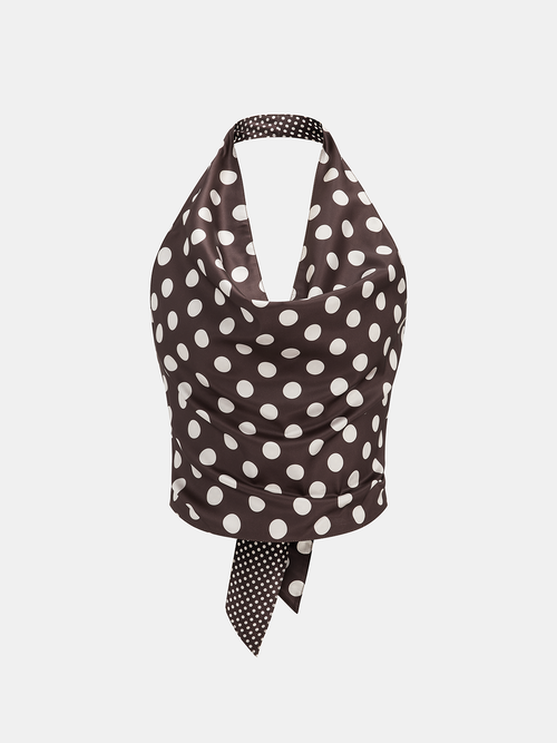Polka Dot Backless Halter Satin Top