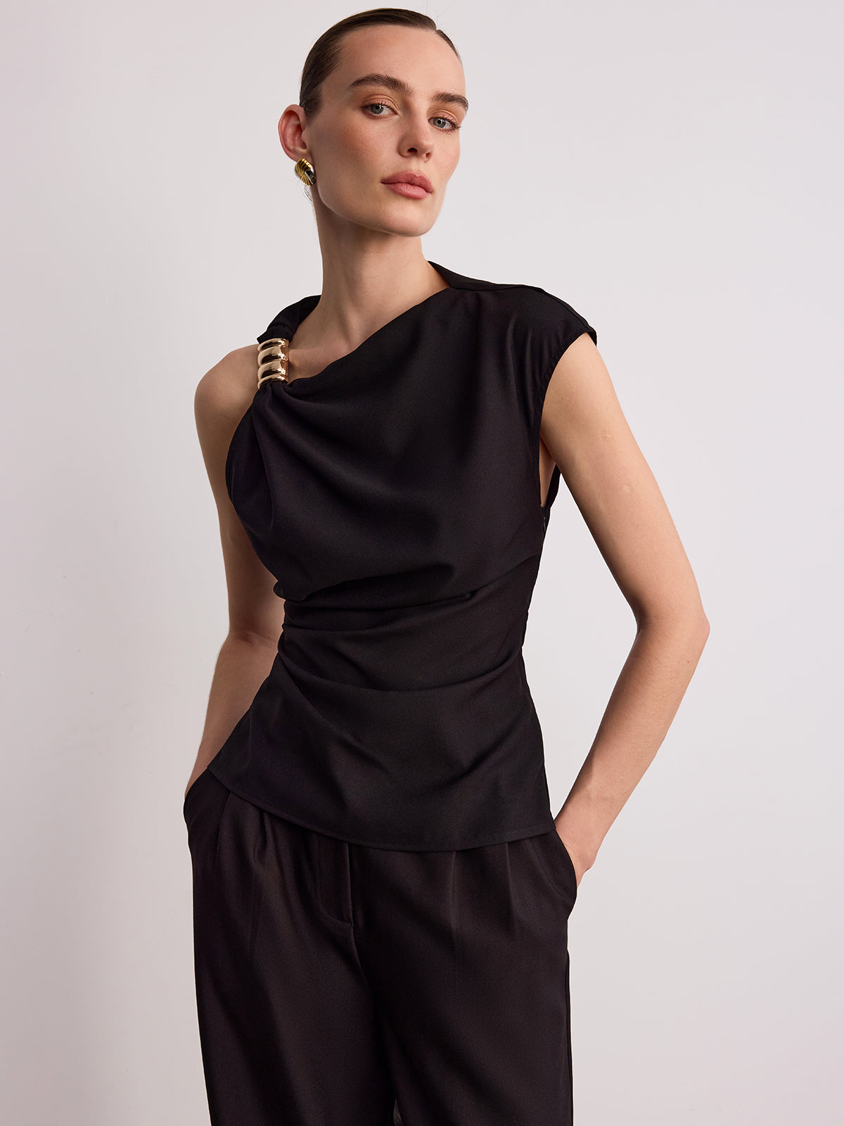 Metal Buckle Asymmetric Sleeveless Top