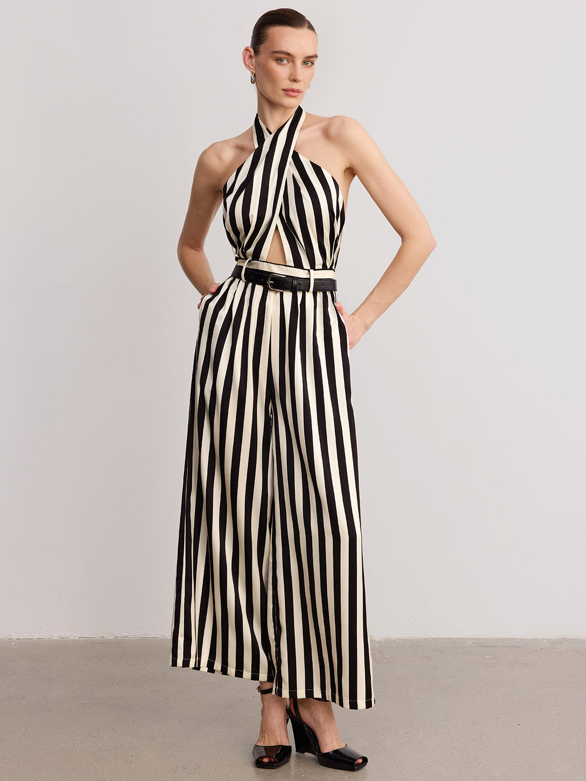 Halter Striped Belted Jumpsuit