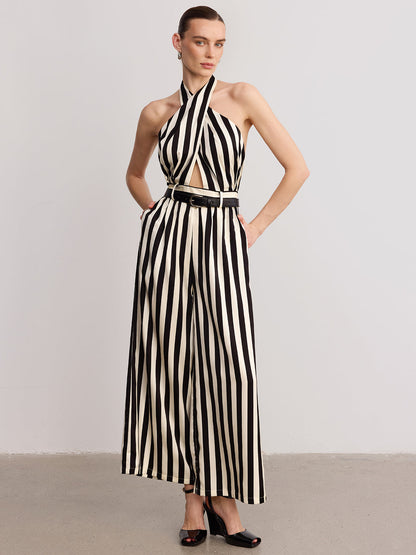 Halter Striped Belted Jumpsuit