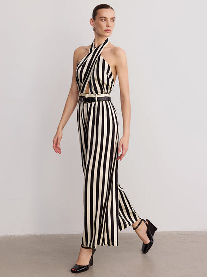 Halter Striped Belted Jumpsuit