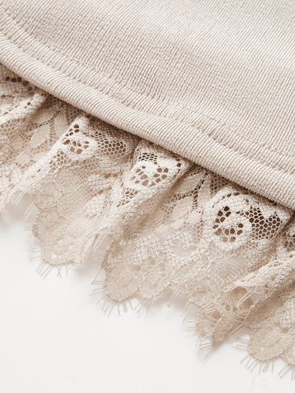 Mock Neck Ruched Lace Trim Top