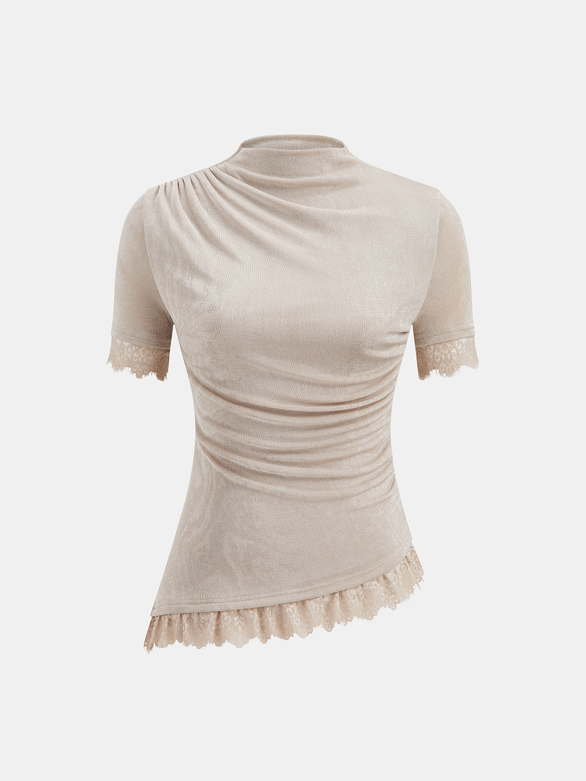 Mock Neck Ruched Lace Trim Top