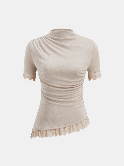 Mock Neck Ruched Lace Trim Top