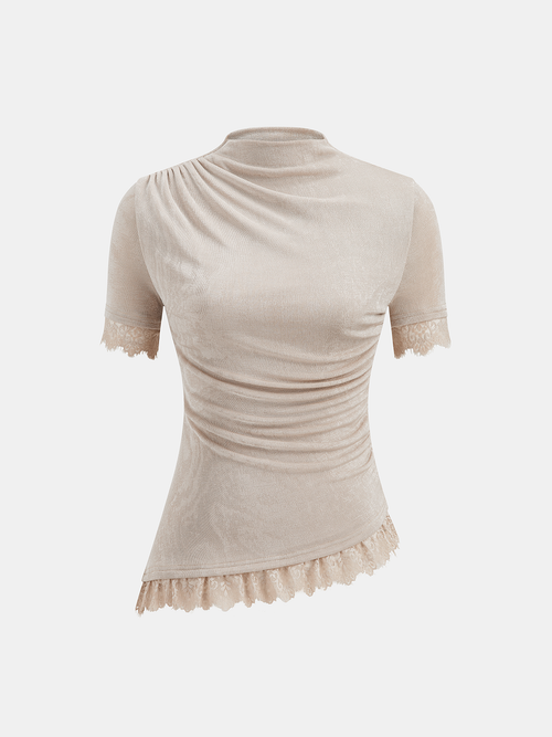 Mock Neck Ruched Lace Trim Top