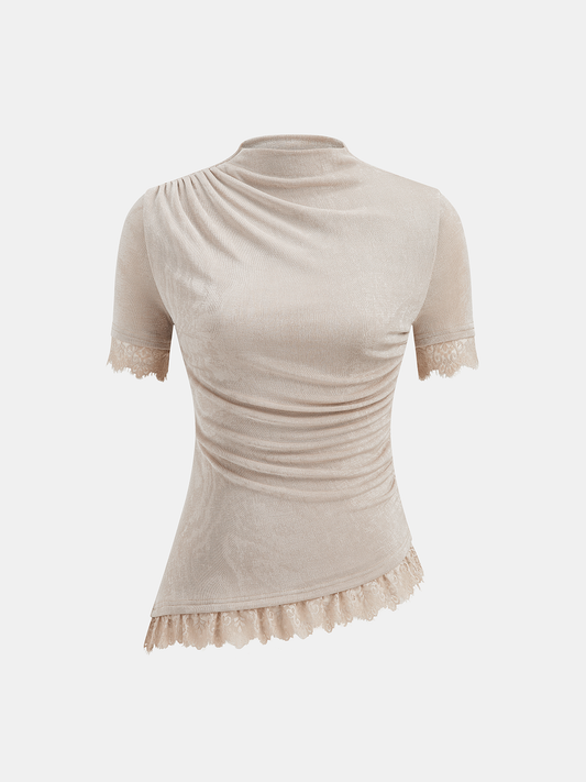 Mock Neck Ruched Lace Trim Top