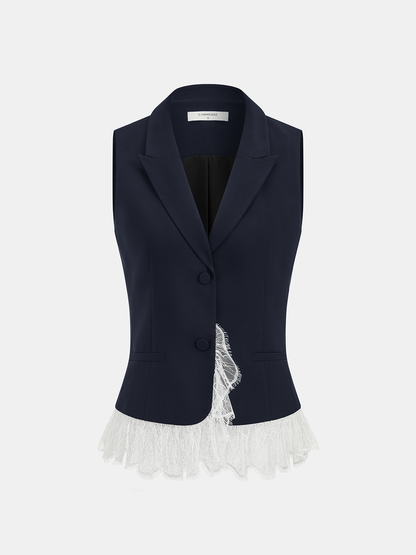 Lace Trim Blazer Vest & Shorts Set