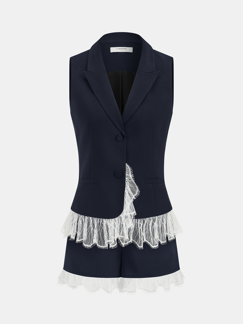 Lace Trim Blazer Vest & Shorts Set