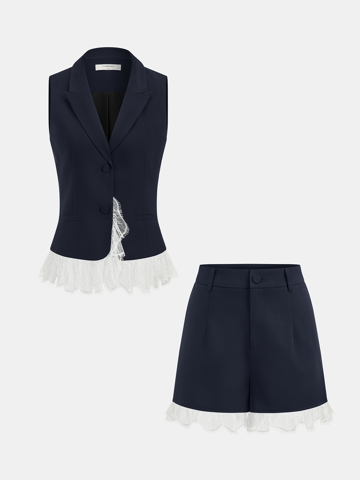 Lace Trim Blazer Vest & Shorts Set