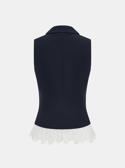 Lace Trim Blazer Vest & Shorts Set